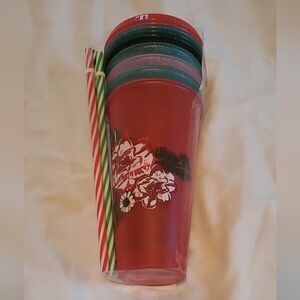 Starbucks Floral Red Tumbler Set with Straws Cold Drink 24 Oz Sparkles Lids